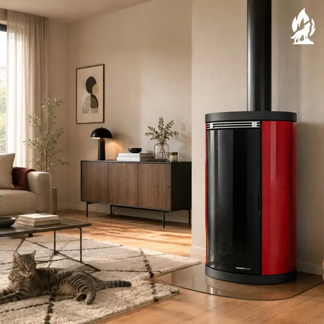 Kominek na pellet Moretti Design Aqua Glass 26 z bordowym szkłem