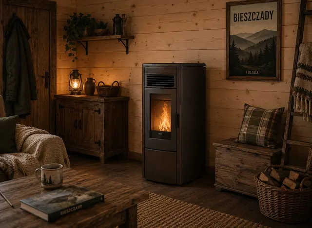 Kominek na pellet Klover Aura 120 Air w kolorze stal brązowa