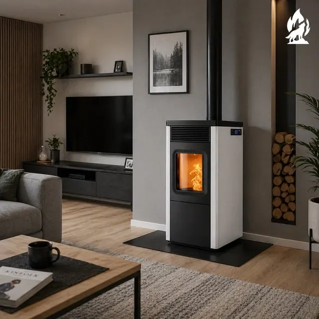 Kominek na pellet Nobis 6/9 N70 Top/Coax V stal biała w eleganckim designie