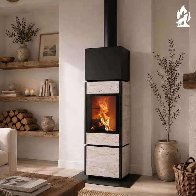 Kominek na drewno Nobis 8/10 Flat 700 w kolorze gresu trawertynowego