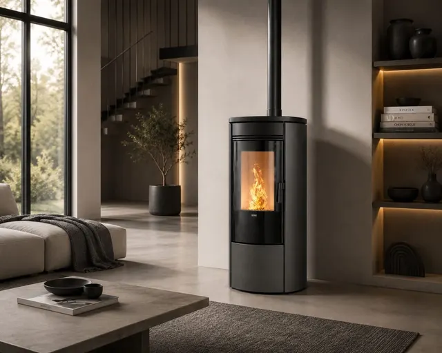 Kominek Klover Oblo Air w czarnym kolorze, widok z boku