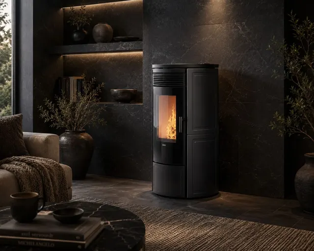 Kominek na pellet Klover Omega 120 Plus Multi-Air ceramika czarna