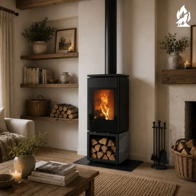 Kominek na drewno Nobis 8/10 Flat 550 gres dark z widokiem z boku