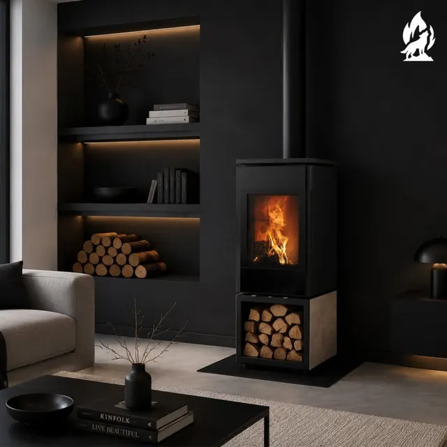 Widok kominka na drewno Nobis 8/10 Flat 550 w szarym gresie z boku