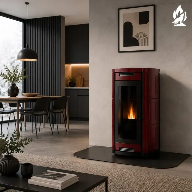 Kominek na pellet Moretti Design Prestige Aqua All Style 26 w bordowym kolorze