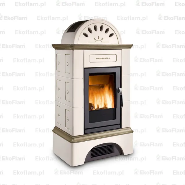 Wood-burning stove Piazzetta Brunico Maiolica white with decor canapa
