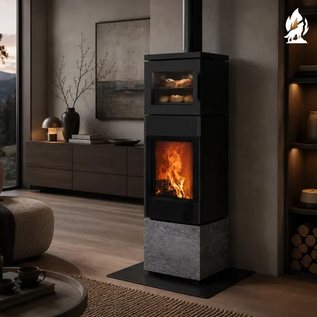 Kominek na drewno Nobis 8/10 Flat 500 gres dark w eleganckim wnętrzu