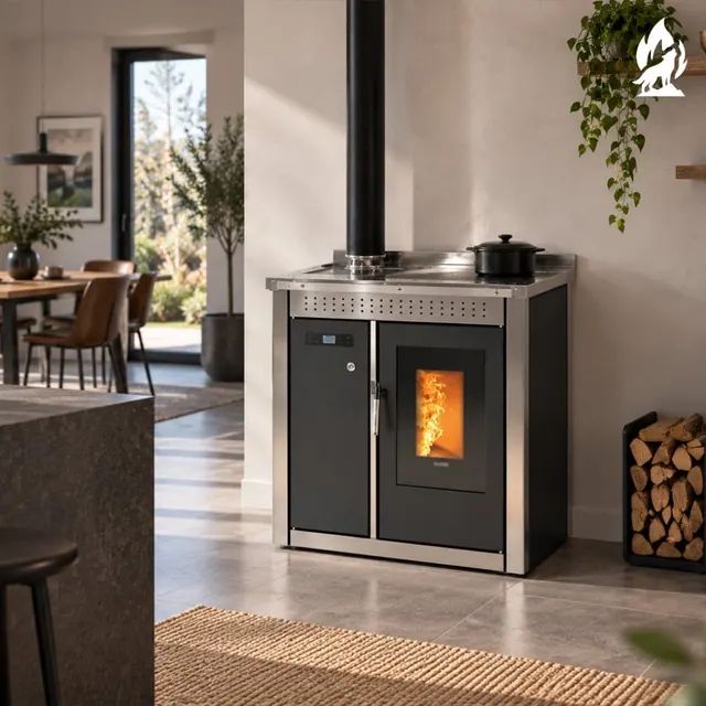 Kuchnia na pellet Klover Smart 80 Inox widok z boku, stal nierdzewna, model wolnostojący