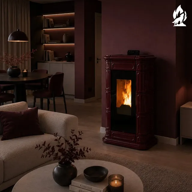 Widok kominka na pellet Thermorossi Saint Moritz PIDRA18 w ceramice bordowej