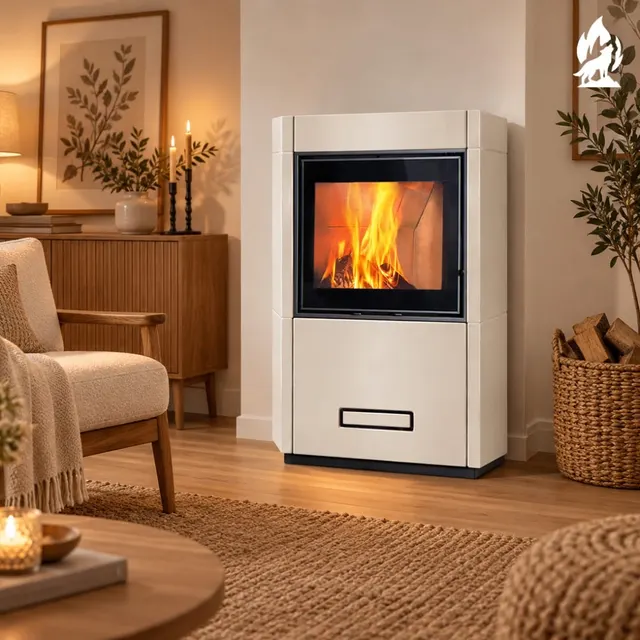 Kominek na drewno Piazzetta Lugano Wood MC 65/60 z białą ceramiką, widok z boku