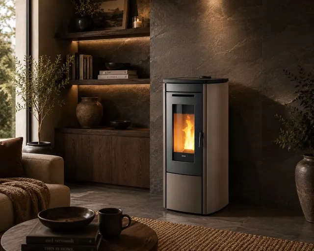 Kominek na pellet Klover Soft 100 Air w stalowym kolorze brązowym