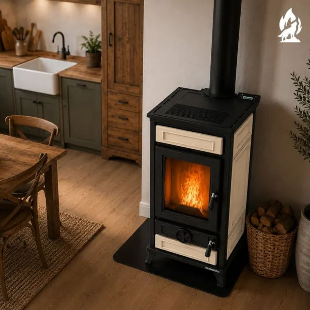 Kominek na pellet Thermorossi Flam w kremowej ceramice, widok z boku