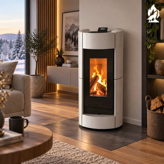 Kominek na drewno Thermorossi Chic z białą ceramiką, widok z galerii produktu