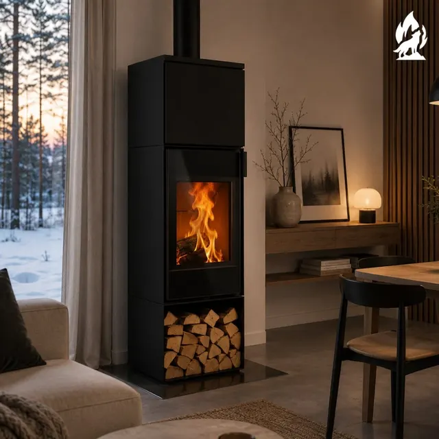 Kominek na drewno Nobis 8/10 Flat 100 z widokiem na wnękę na drewno
