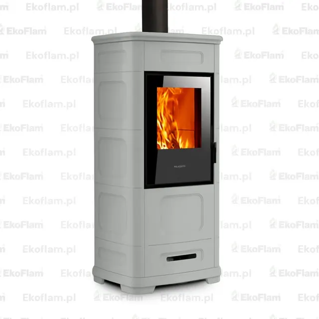 Hybrydowy kominek Piazzetta E228 C w szarej ceramice z widokiem frontalnym