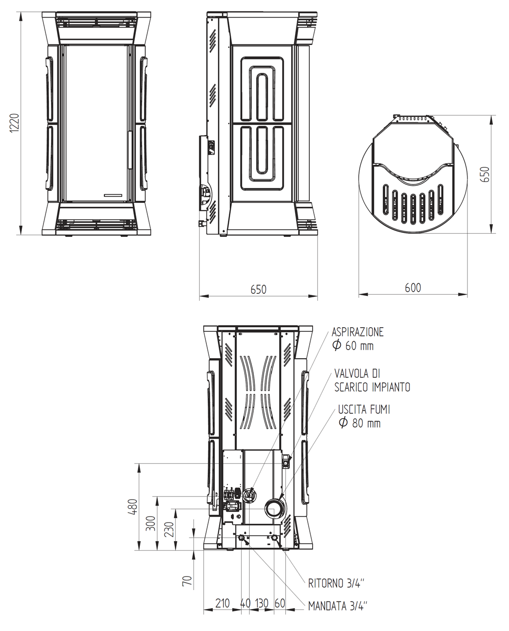 Wymiary techniczne piecyka na pellet Clessidra Aqua 14