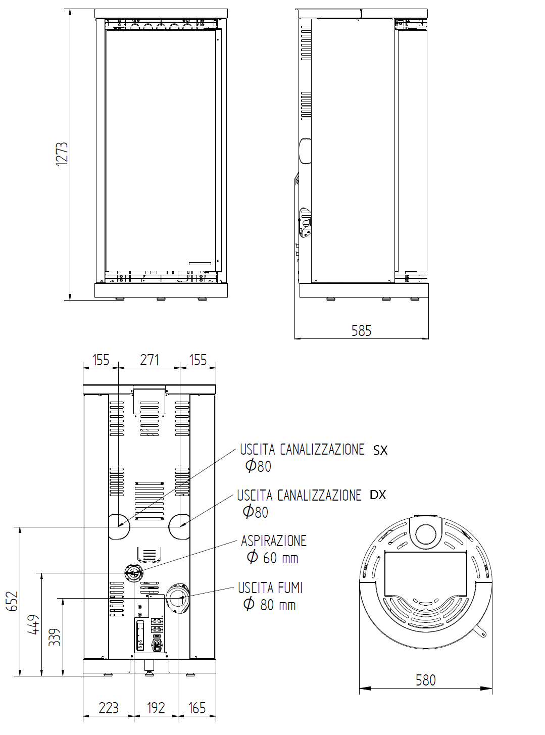 Wymiary techniczne piecyka na pellet ERGONOMIC