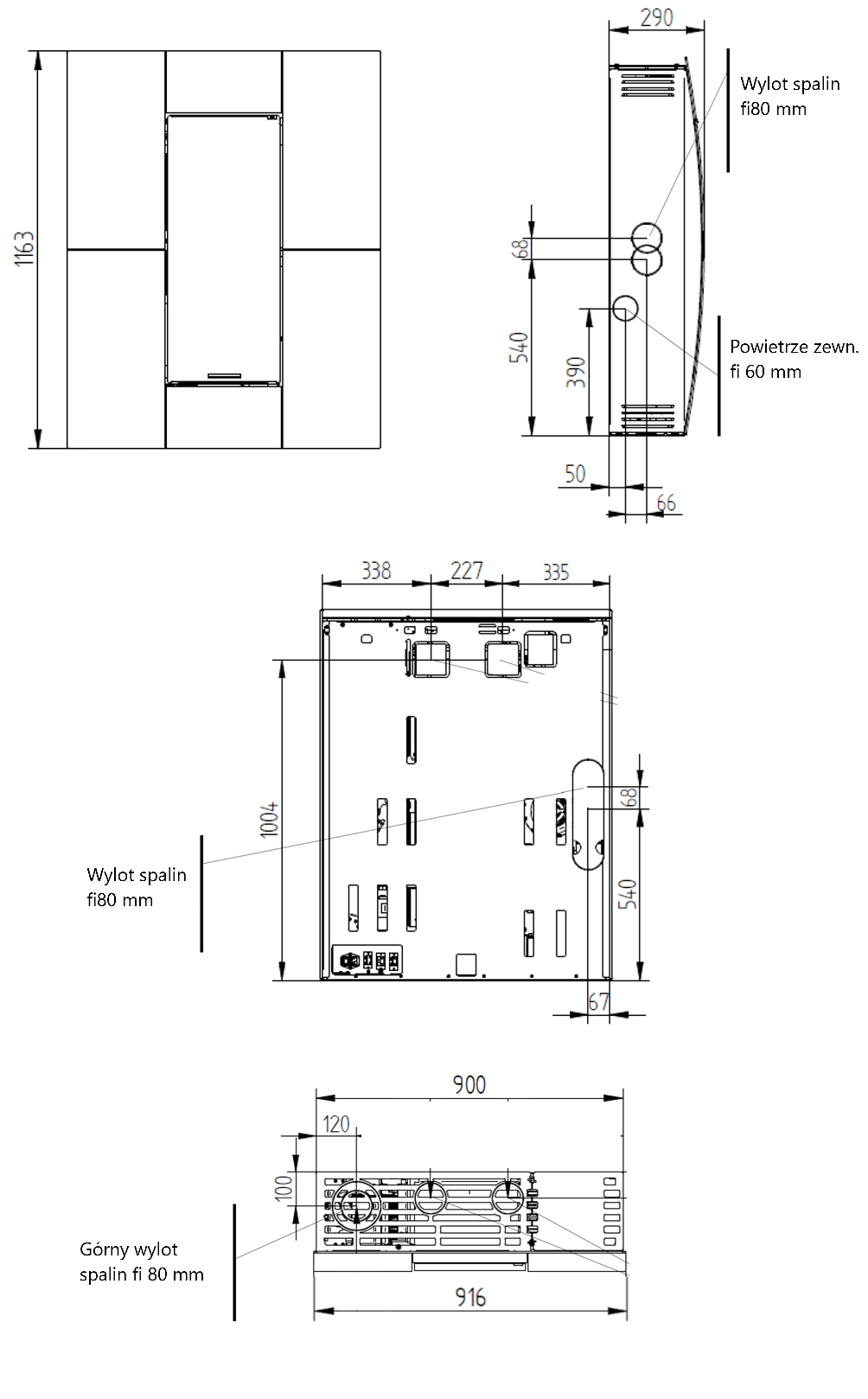 Wymiary techniczne piecyka na pellet Compact Glass 8