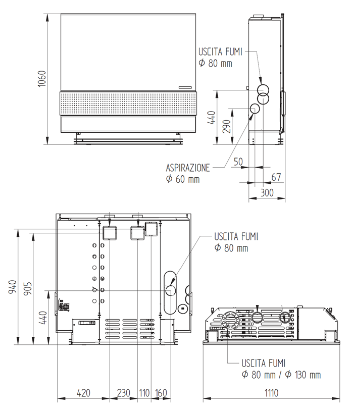 Wymiary techniczne piecyka na pellet Compact Vision