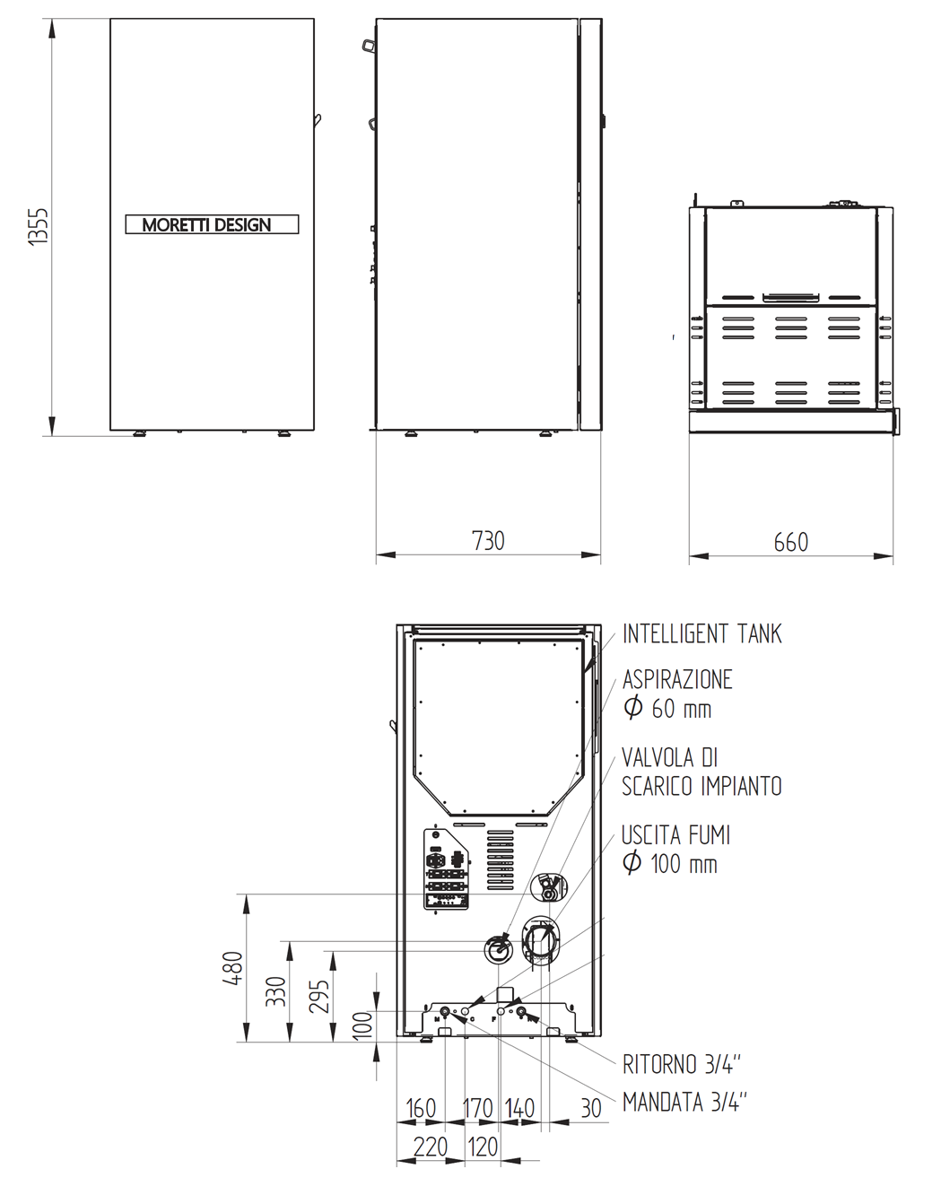 Wymiary techniczne pieca na pellet Moretti Design Tecnika Short Glass