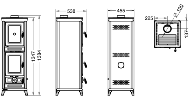 1 - Taca grzewcza z żeliwa emaliowanego
2 - Komora piekarnika (wys. x szer. x gł. 34 x 25 x 31 cm)
3 - Obejście dymu
4 - Drzwiczki paleniska żeliwne
5 - Komora spalania żeliwna (wys. x szer. x gł. - 40x29x35 cm)
6 - Drzwi załadunkowe (szer. x wys. - 25x32 cm)
7 - Duża, wyjmowana szuflada na popiół
8 - Dźwignia potrząsania rusztem